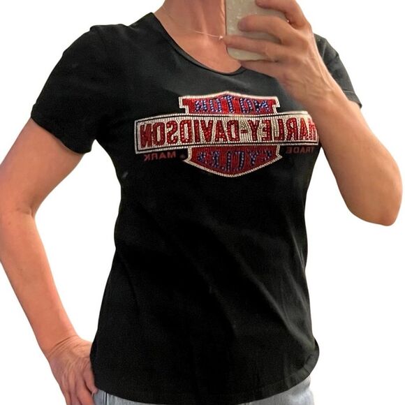 Y2K Harley Davidson Logo Biker Sparkly Red Blue Casual Black Cap Sleeve Top XL - Picture 3 of 16